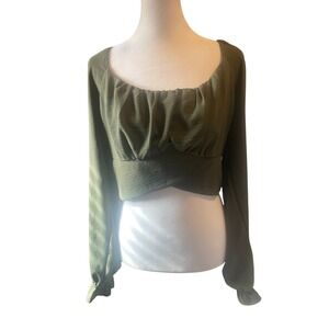 Altar'd State Y2K Women Babydoll‎ Coquette Olive Smocked Wrap Crop Top L Cottage